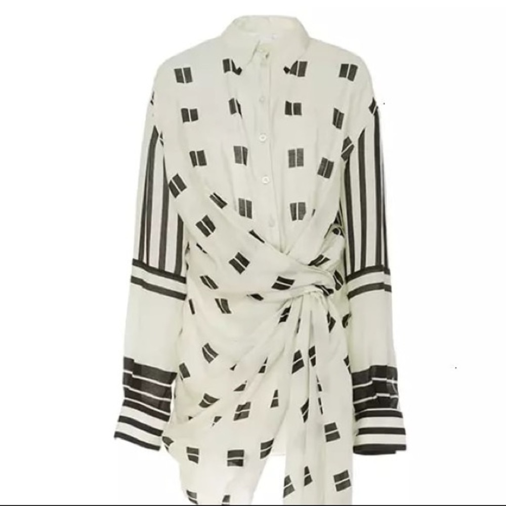White + Black Runway Faux Wrap Stunning Asymmetrical Sash Tie Luxury Mini Dress - Picture 4 of 5